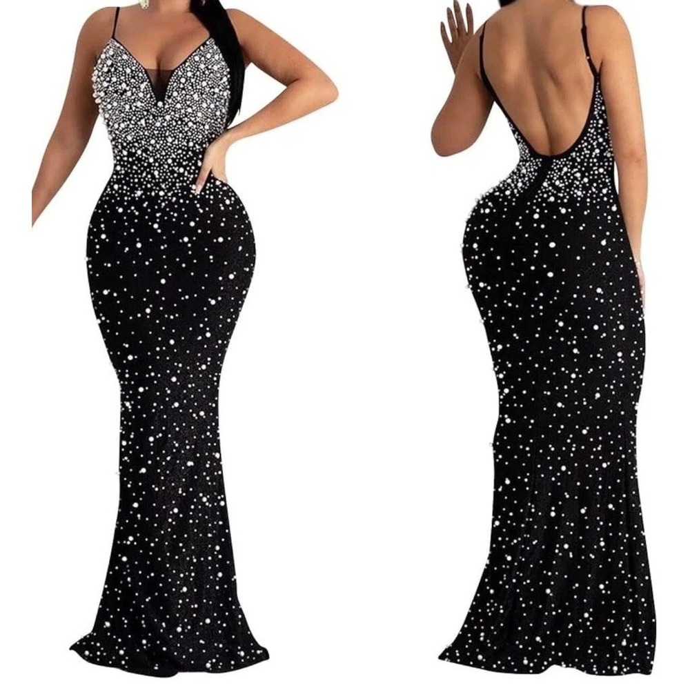 Diamond Even Floor Length Long Dress‎ Women Sexy Crystal Mesh Straps Sz L